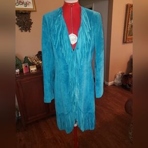 NWOT Scully Women's Large Leather Fringe Coat Duster Turquoise Blue
